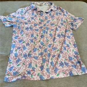 Floral Short Sleeve pink and blue button up vintage Sears “silky” shirt size S/M